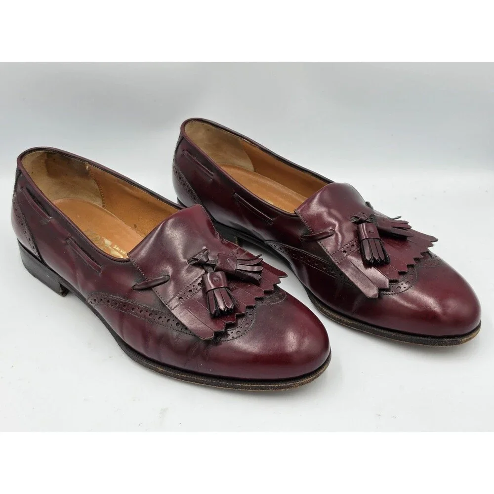 Salvatore Ferragamo Mens Burgundy Leather Tassel Brogue  Loafers Size 10 EE Wide